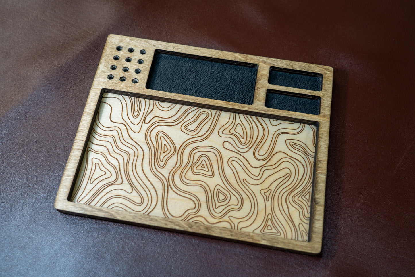 EDC Tray for Knife Maintenance - Black Leather and Topography