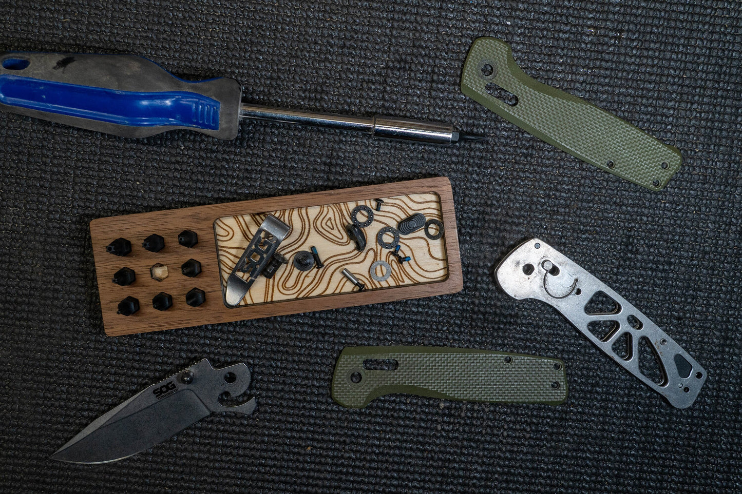 EDC Tray for Knife Maintenance - Small Parts and Cleaning Tray - Walnut and Topo