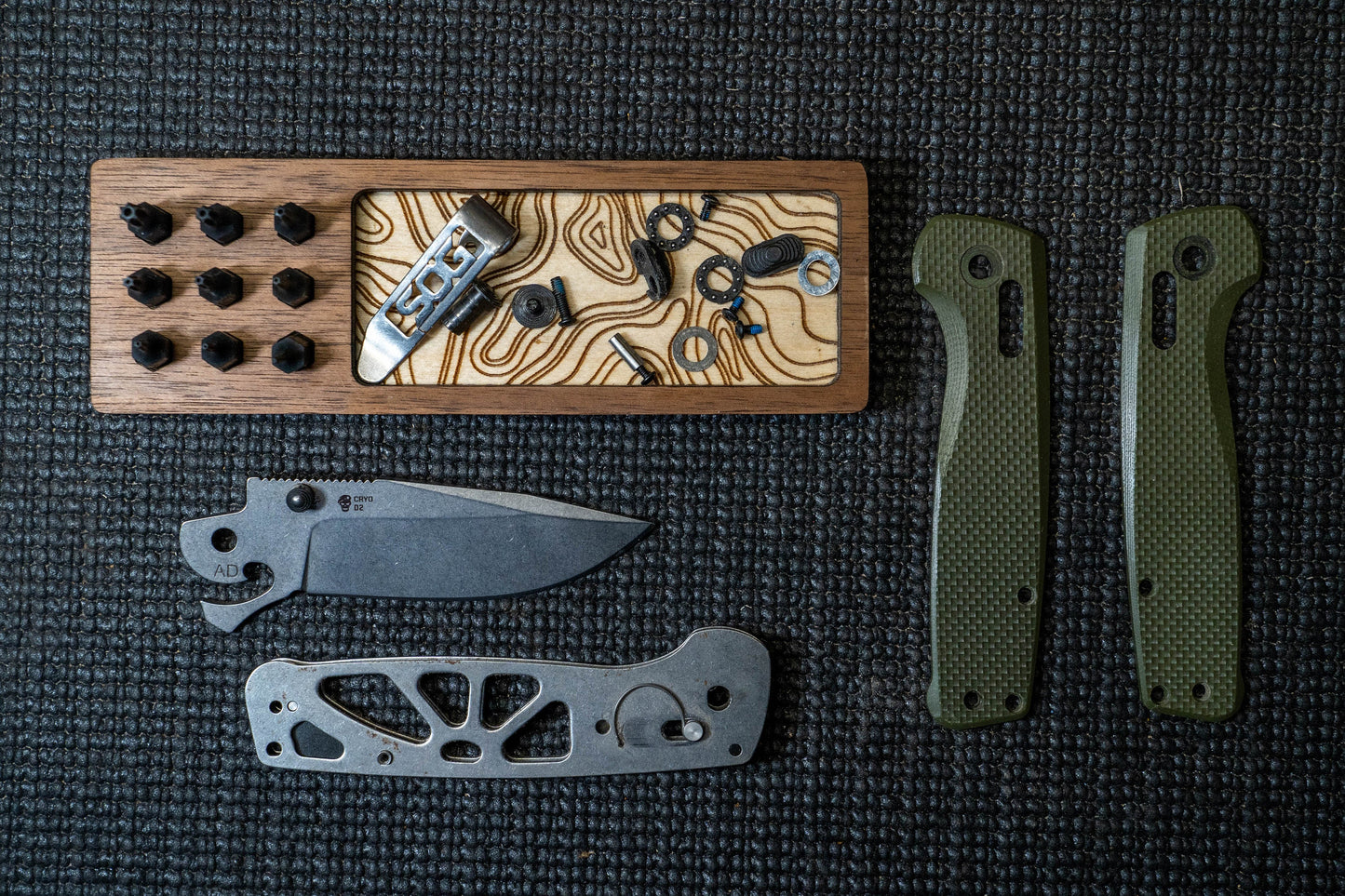 EDC Tray for Knife Maintenance - Personalized Cleaning Tray - Walnut and Topo