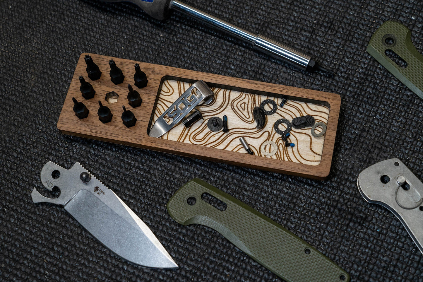 EDC Tray for Knife Maintenance - Personalized Cleaning Tray - Walnut and Topo