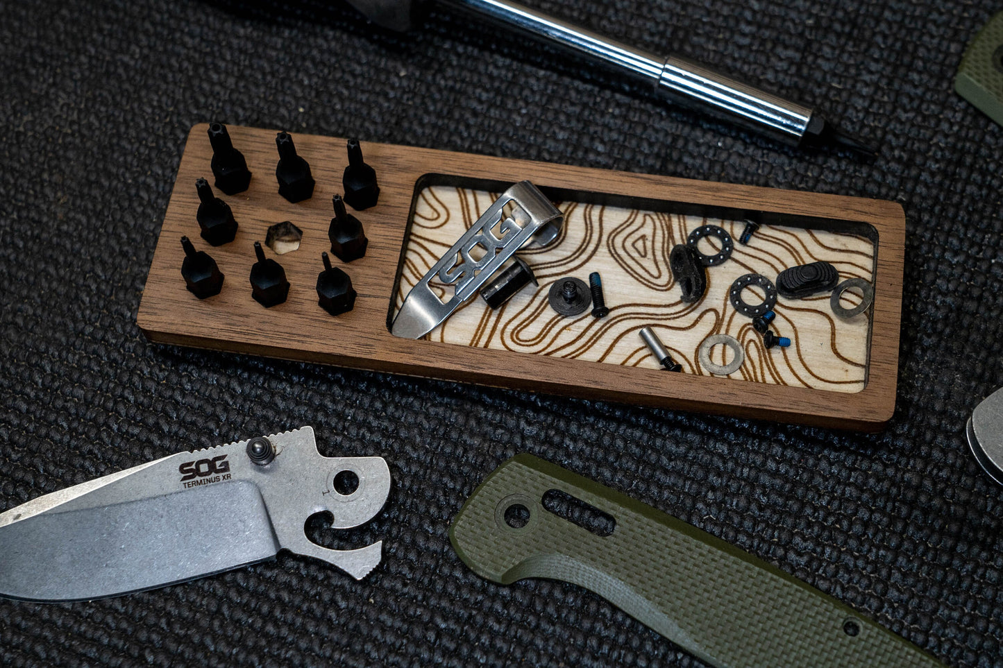 EDC Tray for Knife Maintenance - Small Parts and Cleaning Tray - Walnut and Topo
