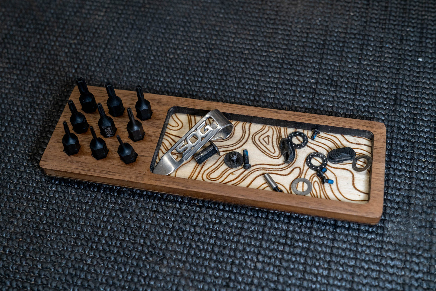 EDC Tray for Knife Maintenance - Personalized Cleaning Tray - Walnut and Topo