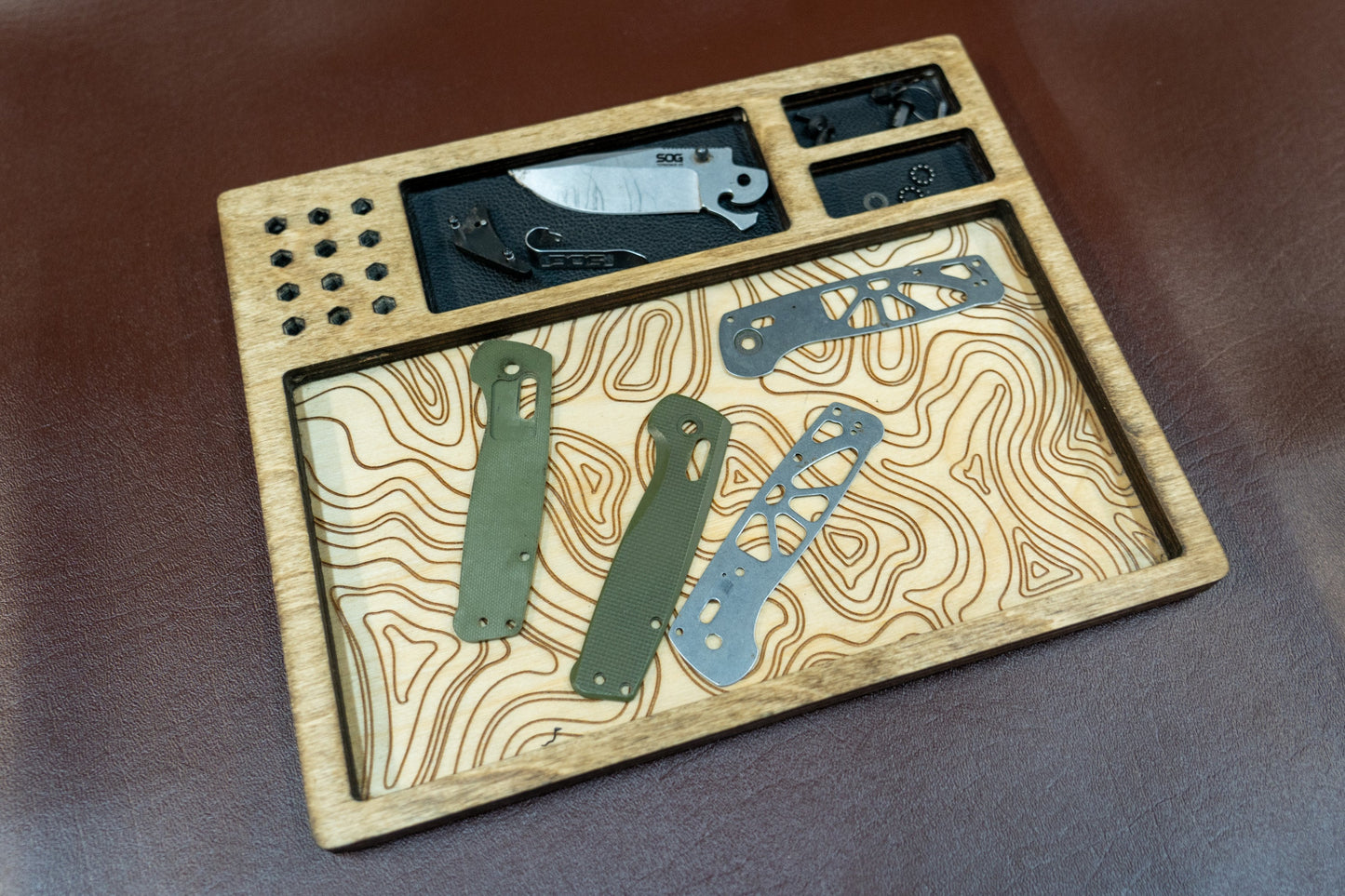 EDC Tray for Knife Maintenance - Black Leather and Topography