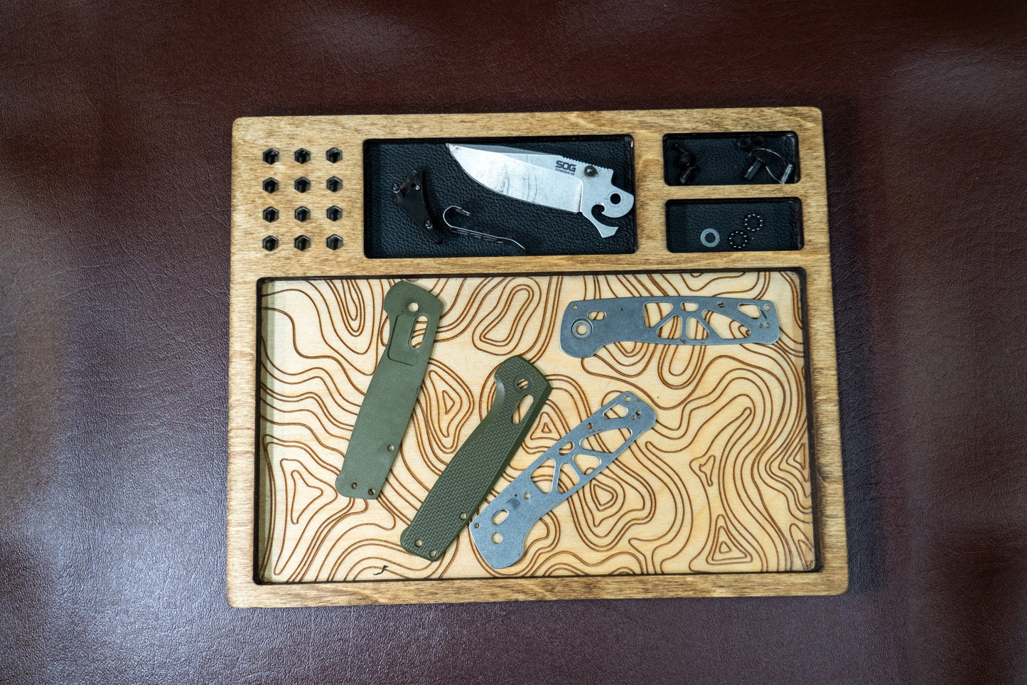EDC Tray for Knife Maintenance - Black Leather and Topography