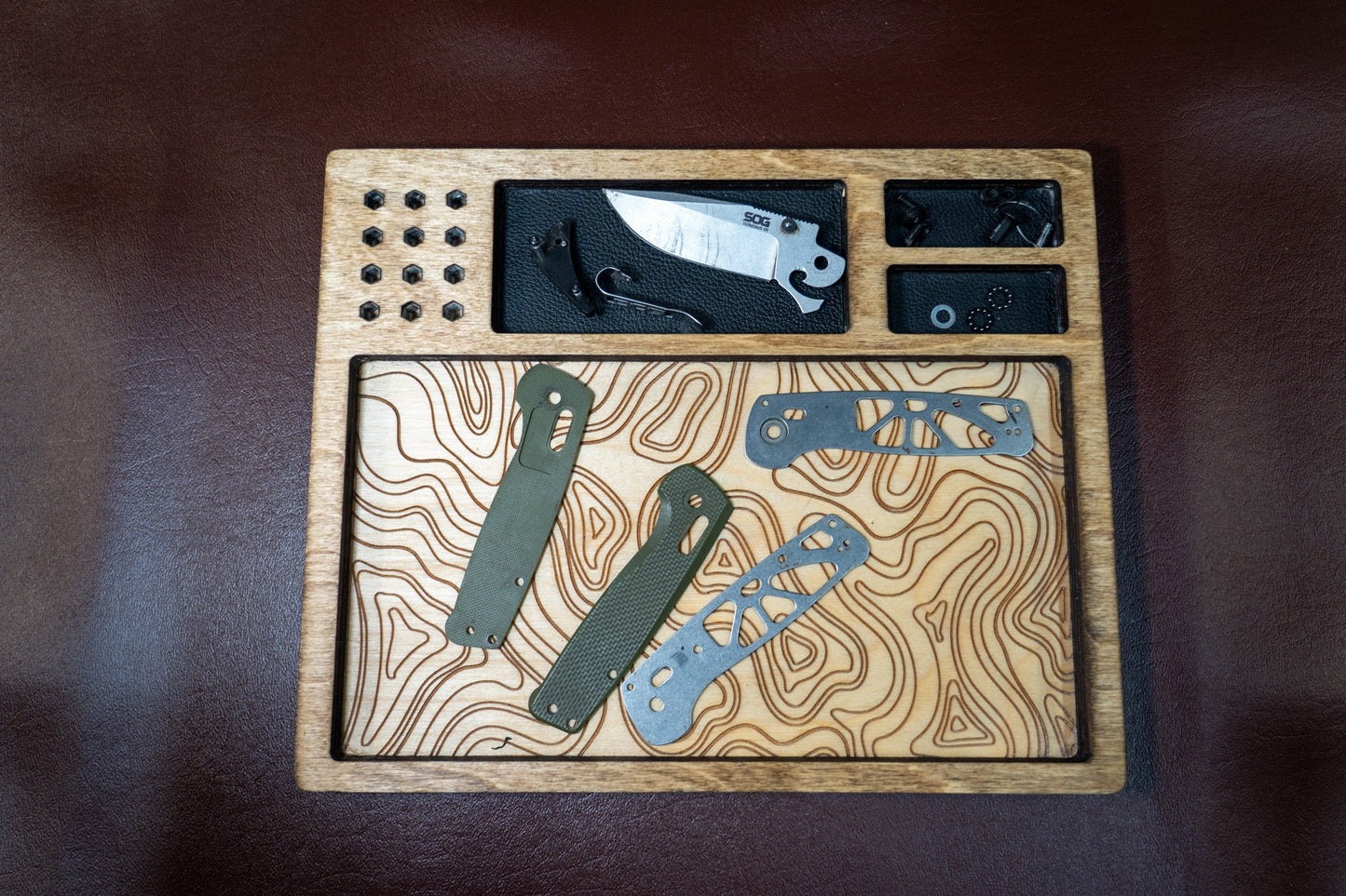 EDC Tray for Knife Maintenance - Black Leather and Topography