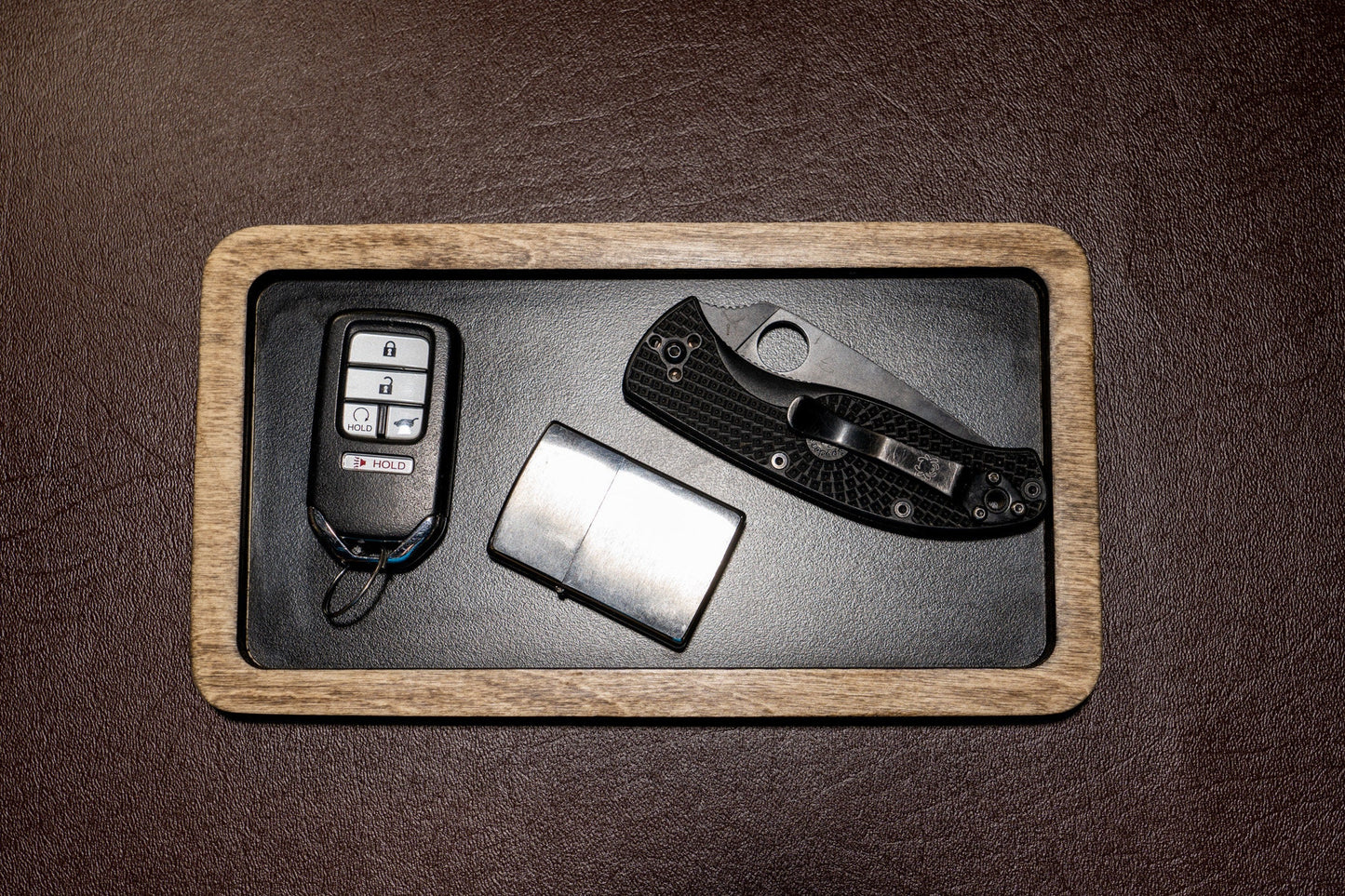 Wood Catch All Tray with hard black lining - EDC and Knife Tray