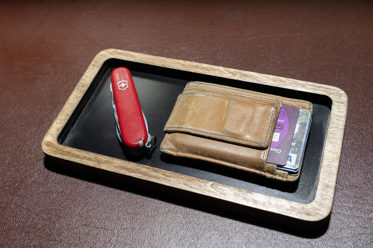 Wood Catch All Tray with hard black lining - EDC and Knife Tray