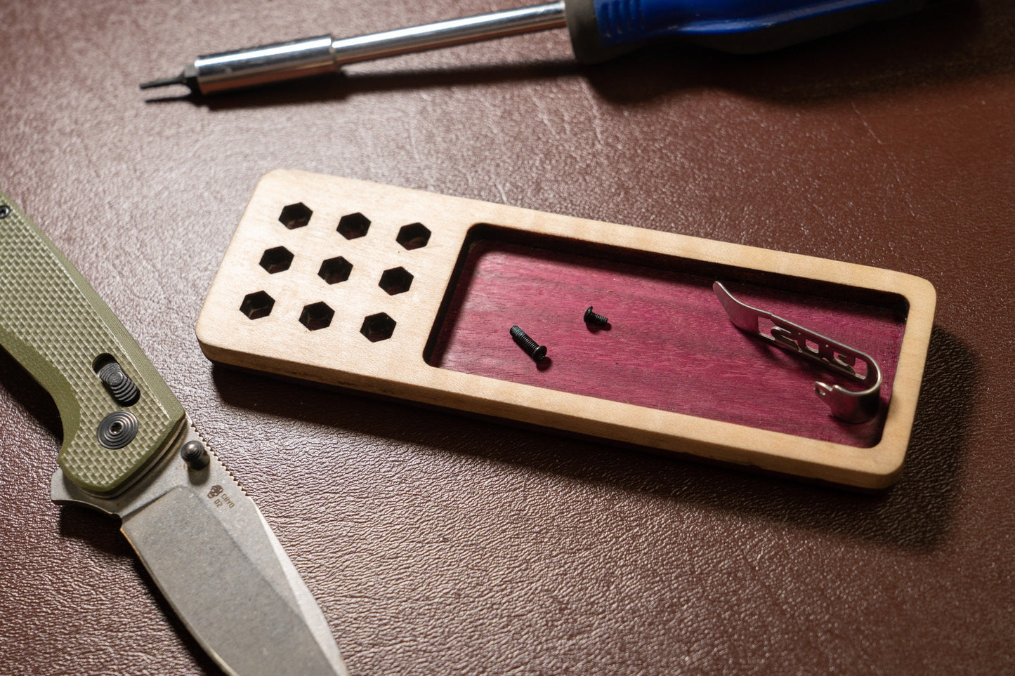 EDC Tray for Knife Maintenance - Small Parts and Cleaning Tray - Purple Heart and Maple