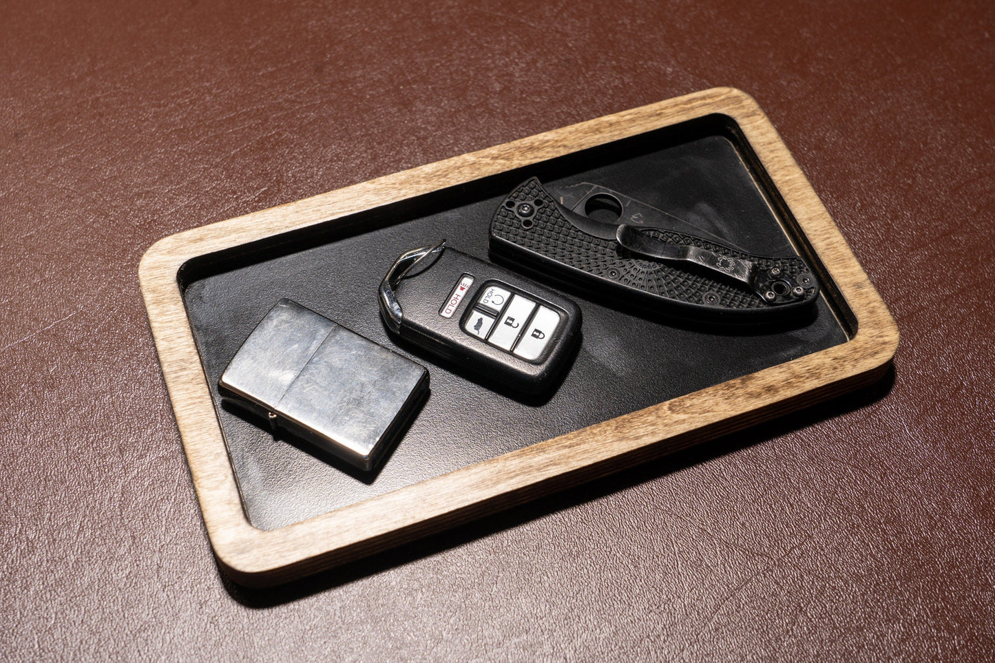 Wood Catch All Tray with hard black lining - EDC and Knife Tray