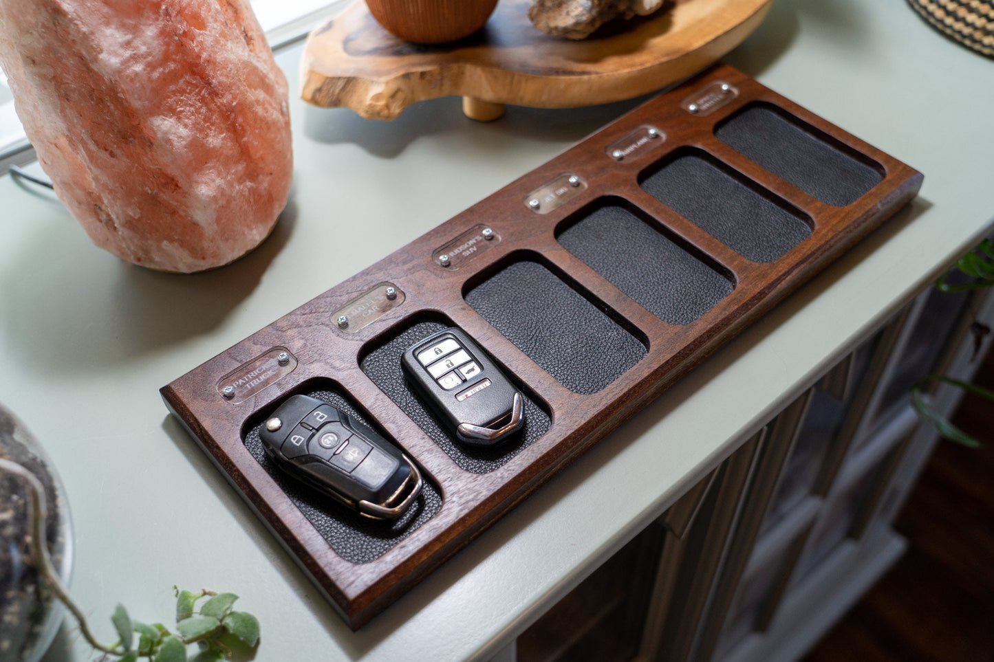 Personalized Walnut Key Fob Tray with Leather Lined Compartments