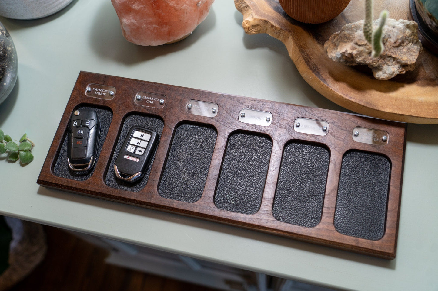 Personalized Walnut Key Fob Tray with Leather Lined Compartments