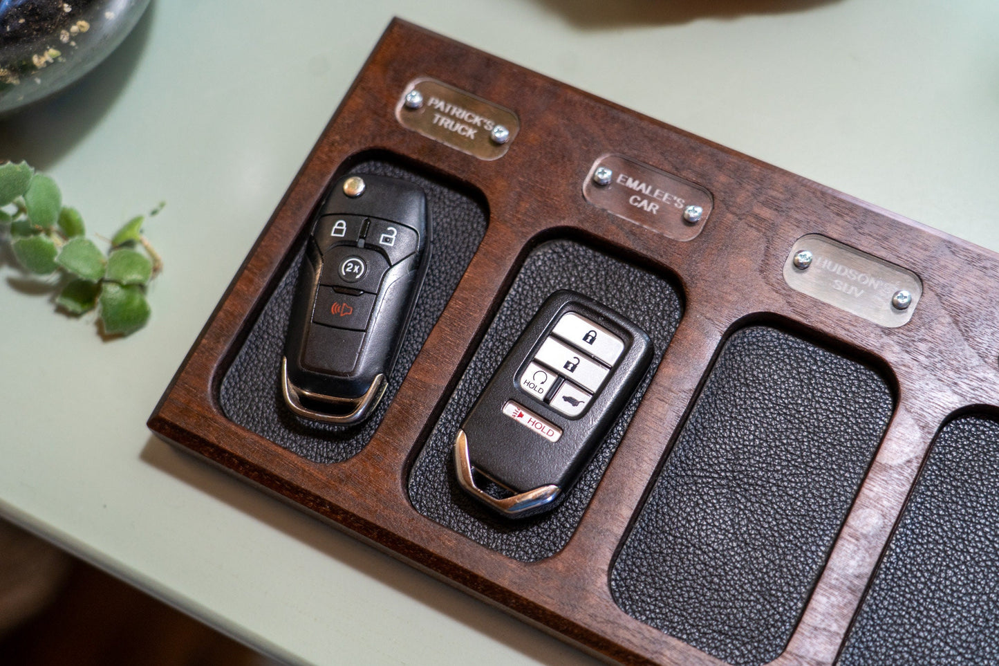 Personalized Walnut Key Fob Tray with Leather Lined Compartments