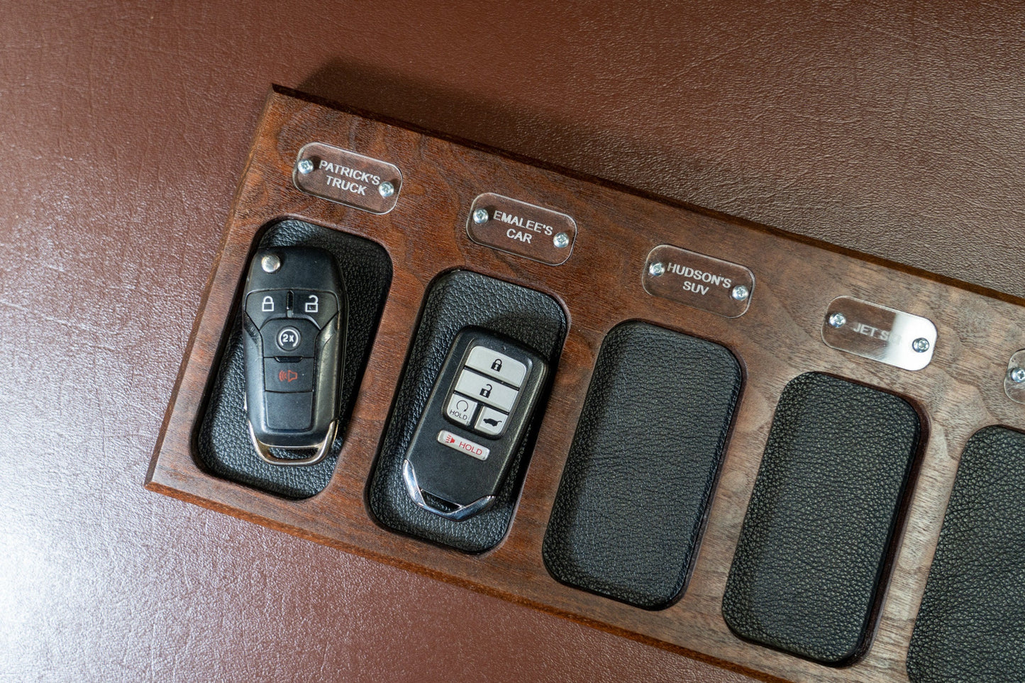 Personalized Walnut Key Fob Tray with Leather Lined Compartments