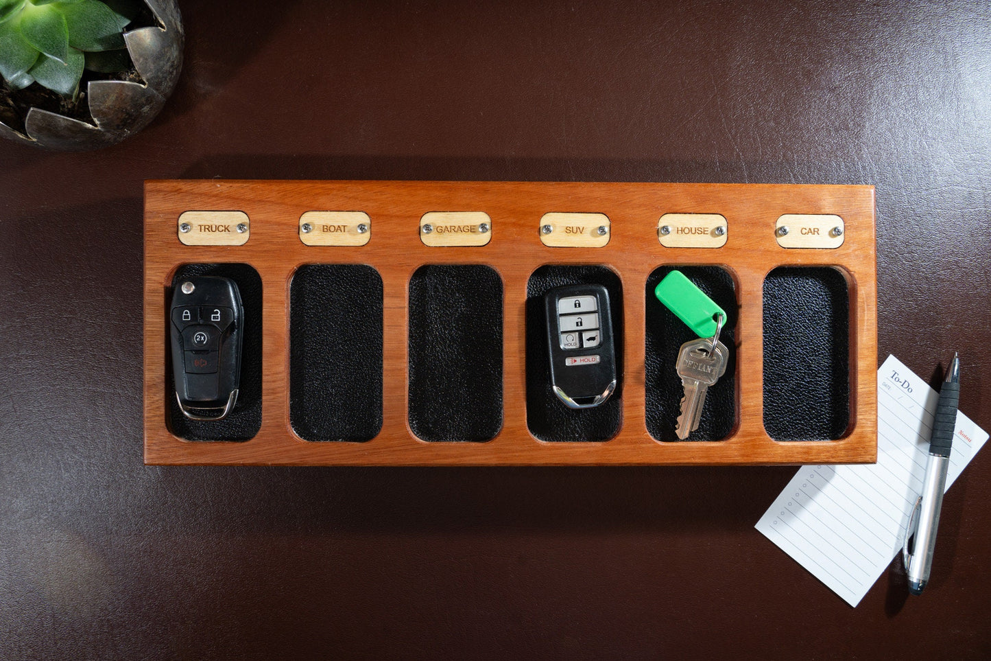 Elegant Oak Key Fob Tray - Personalized with Soft Leather Lined Compartments