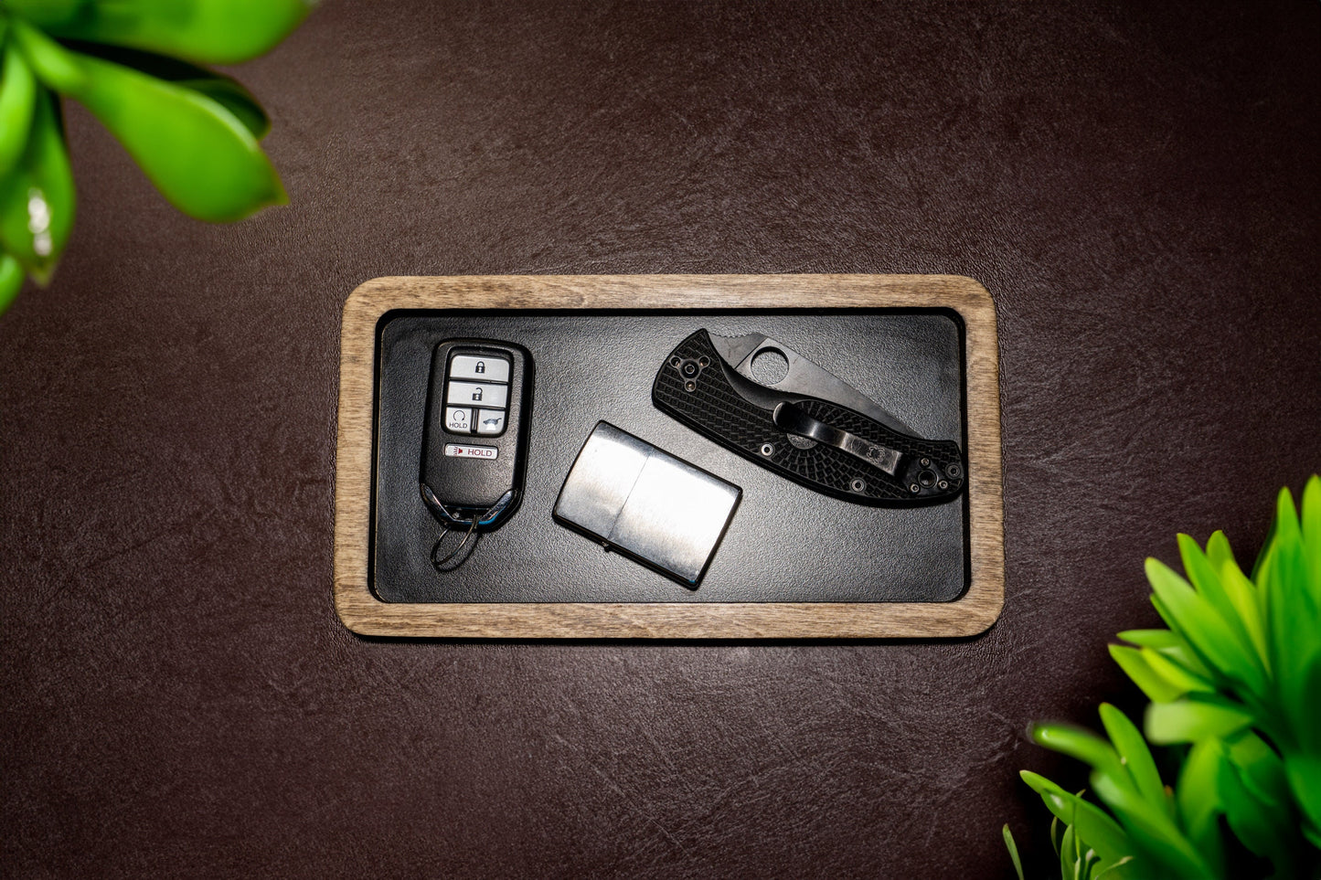 Wood Catch All Tray with hard black lining - EDC and Knife Tray