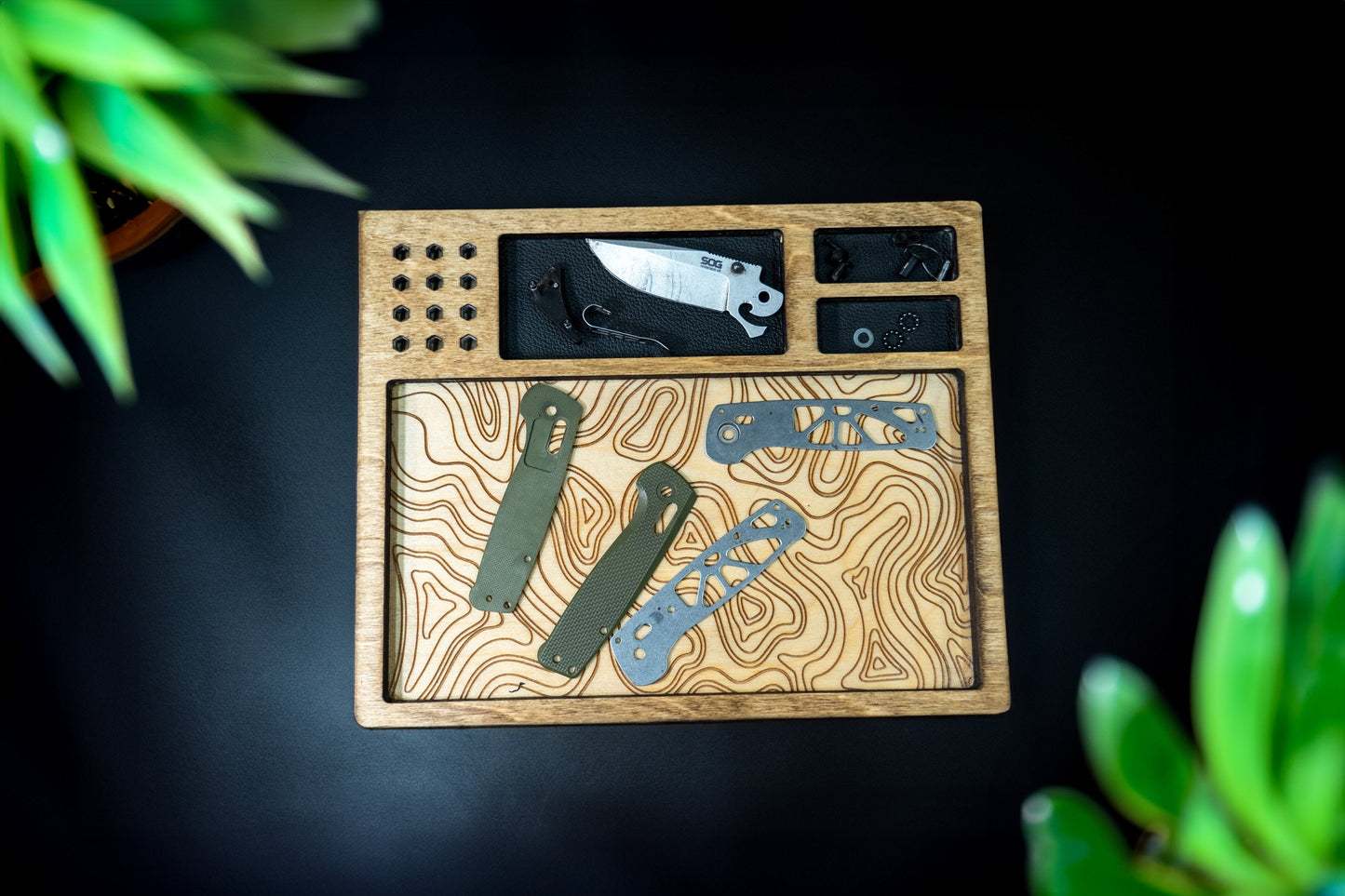 EDC Tray for Knife Maintenance - Black Leather and Topography