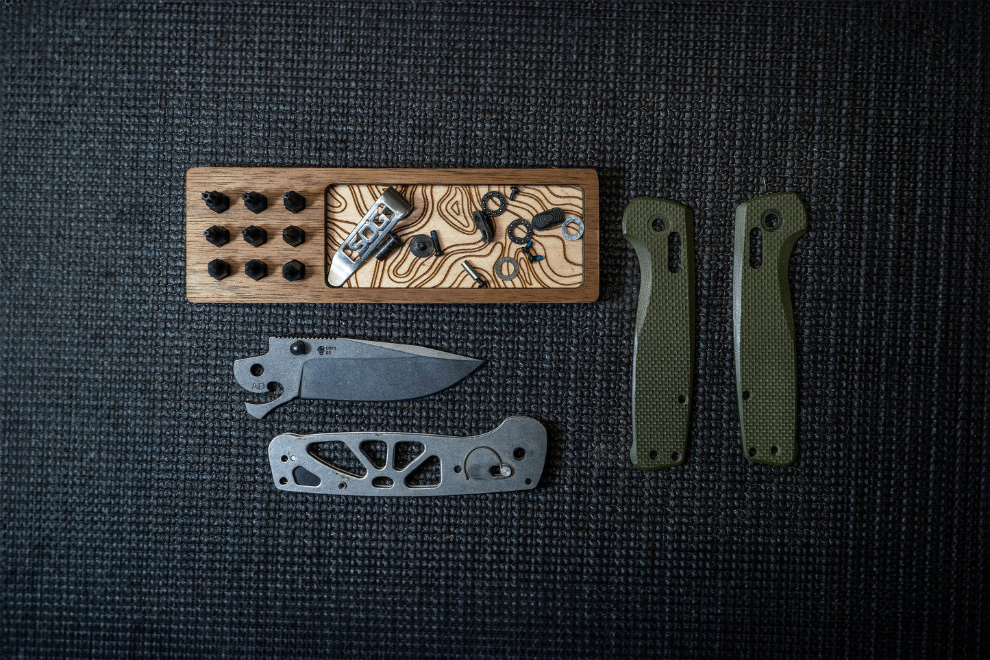 EDC Tray for Knife Maintenance - Small Parts and Cleaning Tray - Walnut and Topo