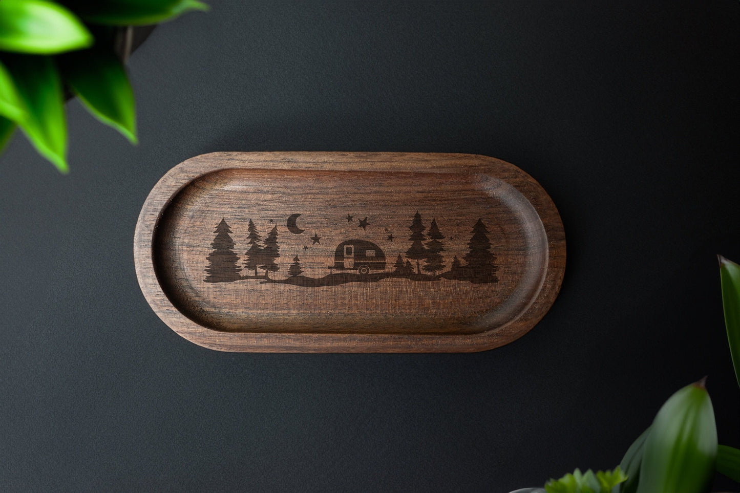 Handcrafted Walnut Catch-all Tray with camping scene